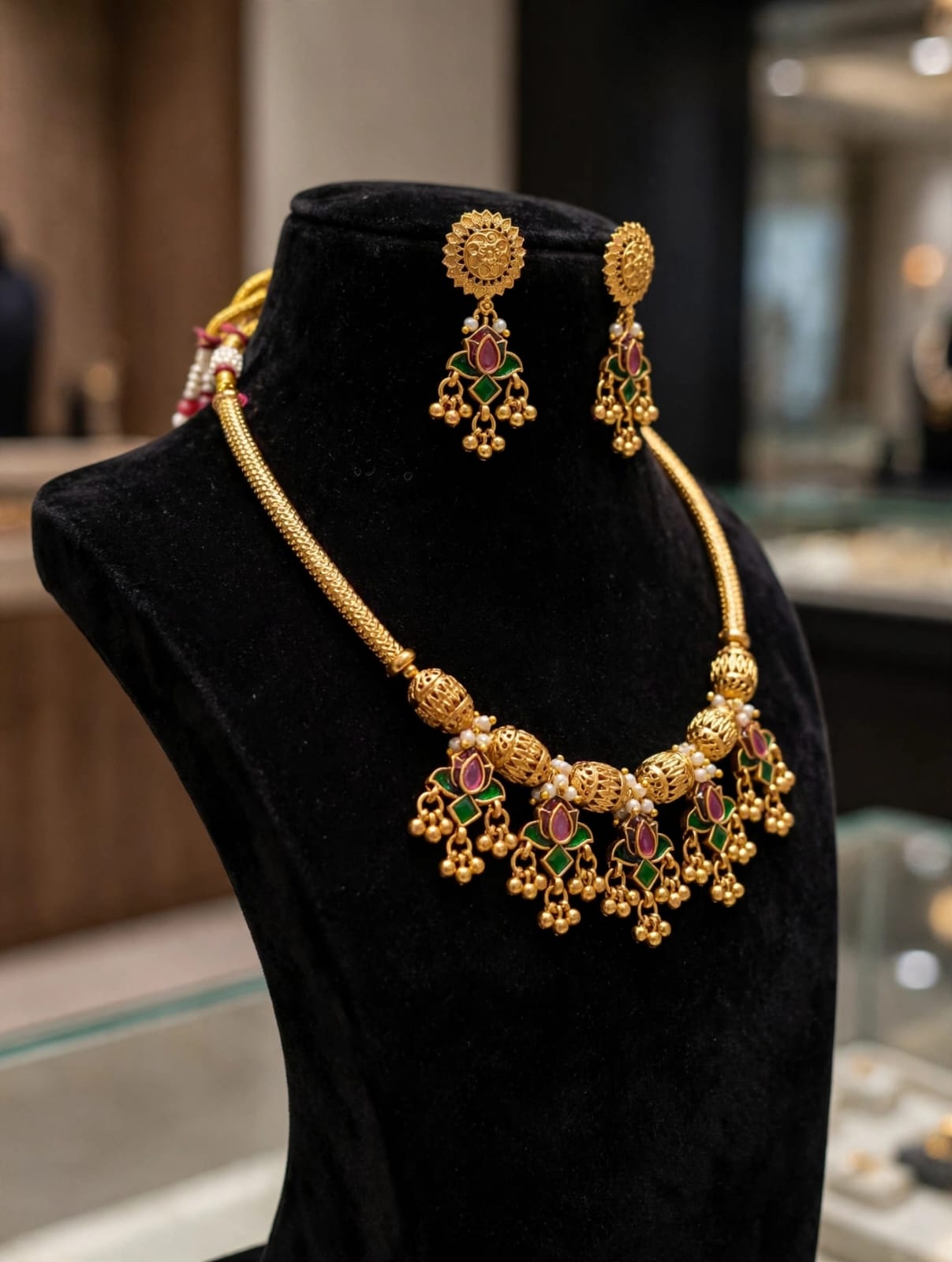 Premium Antique Gold Lotus Thushi / Hasli Choker Set - Image 2
